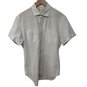 Billy Reid Checkered Pattern Slim Cut Short Sleeve Button Up Shirt White Large